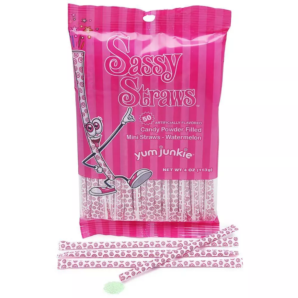 YumJunkie Sassy Straws Candy Powder Filled Mini Straws - Watermelon: 50-Piece Bag